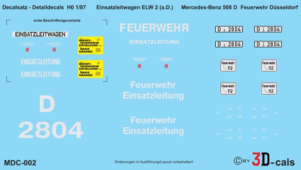 002 Detaildecals für ELW 2 (a.D.) Mercedes-Benz 508 D Feuerwehr Düsseldorf