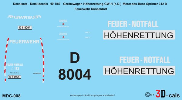 008 Detaildecals für GW-Höhenrettung (a.D.) Mercedes-Benz 312 D Feuerwehr Düsseldorf