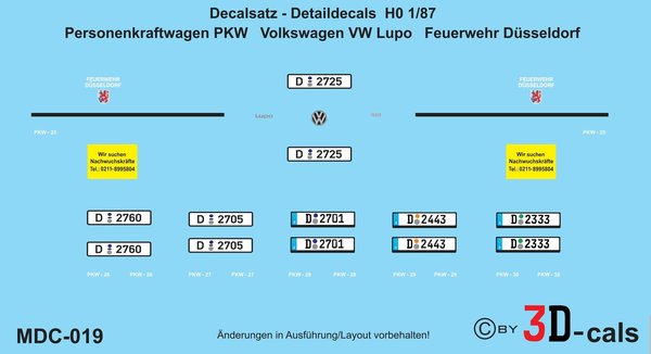 019 Detaildecals für Personenkraftwagen PKW (a.D.) VW Lupo Feuerwehr Düsseldorf
