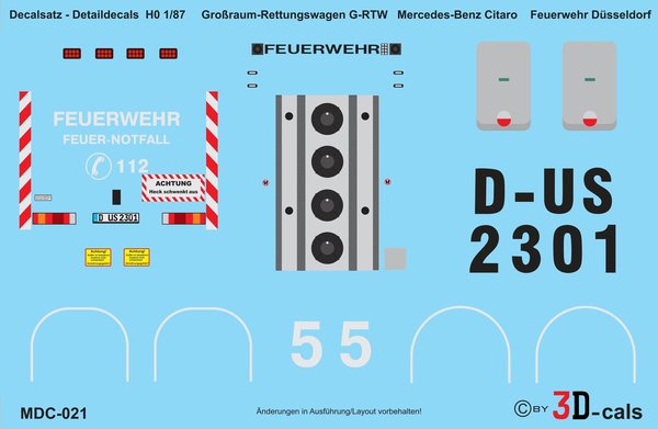 021 Detaildecals für Grossraumrettungswagen G-RTW (a.D.) Mercedes-Benz Citaro Feuerwehr Düsseldorf