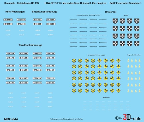 044 Detaildecals für TLF8/HRW/EF (a.D.) MB Unimog S KatS/Freiw. Feuerwehr Düsseldorf