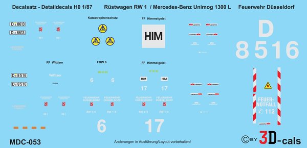 053 Detaildecals für Rüstwagen RW 1 (a.D) Mercedes-Benz Unimog 1300L Freiw. Feuerwehr Düsseldorf