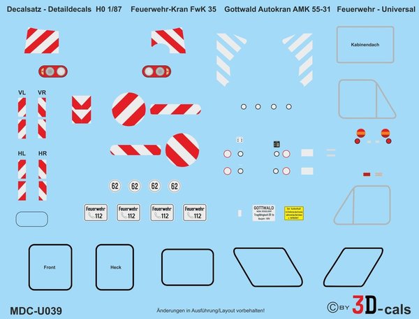 U039 Detaildecals Basisapplikationen für Feuerwehrkran FwK 35 / Gottwald Autokran AMK 55-31