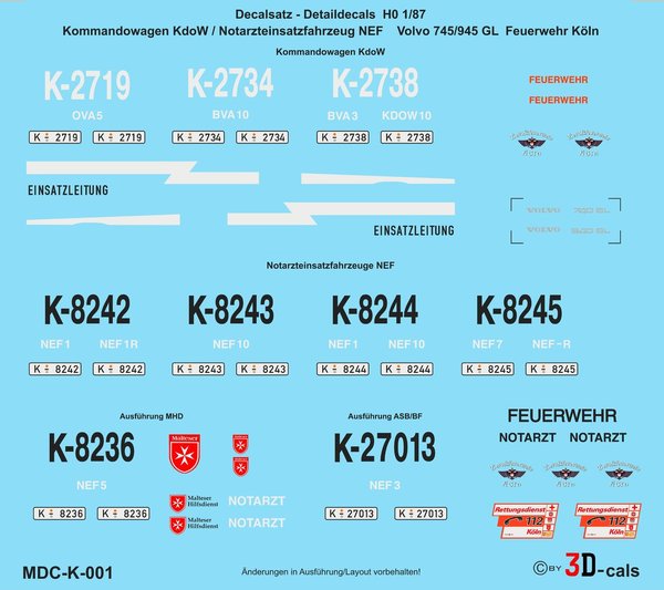 K-001 Detaildecals für Kommandowagen/Notarzteinsatzfahrzeuge KdoW/NEF Volvo 740/940 Feuerwehr Köln
